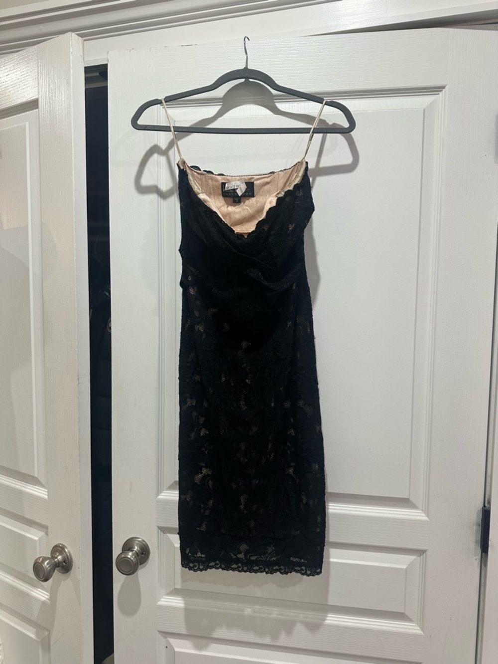 Nicole Miller Black Lace Strapless Slip Dress with Nude Lining